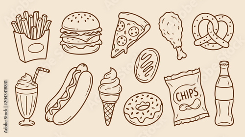 Fast Food Vector Icons Hand Drawn for Menu and Packaging