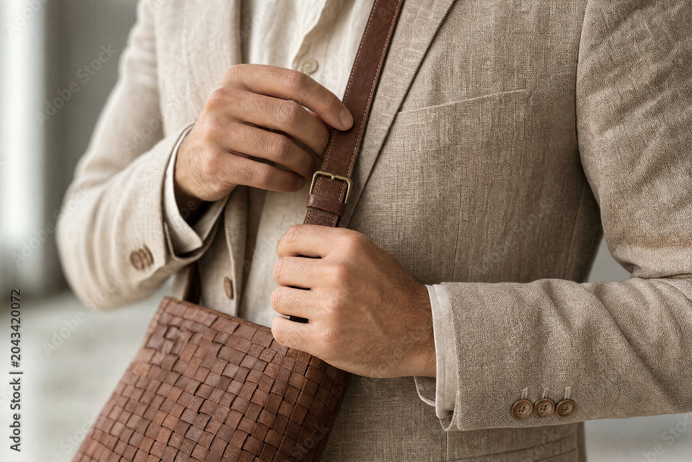 Fototapeta premium Detail of a stylish man wearing a linen blazer and carrying a premium woven leather shoulder bag, adjusting the strap before a business meeting or urban commute.