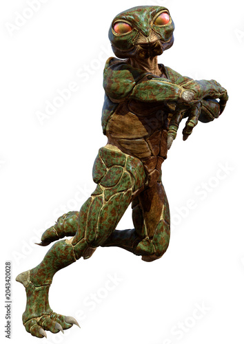 3D Rendering Green Alien on White