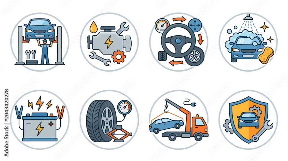 Fototapeta premium A vector graphic illustration of various car maintenance and repair services depicted through eight distinct icons.