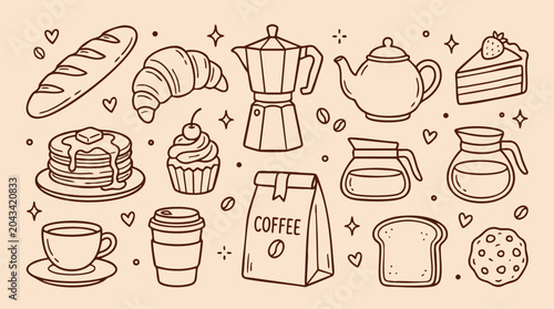 Tableau sur toile Coffee Bakery Doodle Hand Drawn Set for Cafe Menu Design