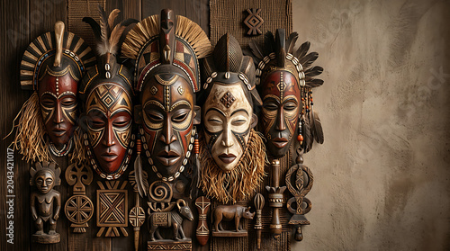 Handcrafted traditional masks and cultural wooden carvings