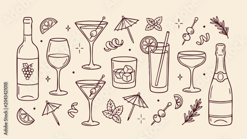 Cocktail Drinks Doodle Hand Drawn Set for Bar Menu Design