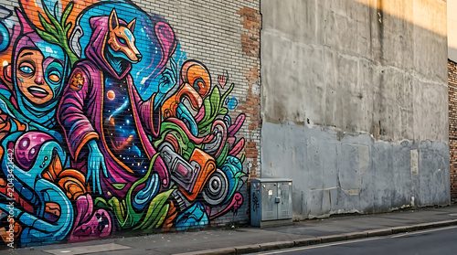 Vibrant colorful street art mural on an urban brick wall