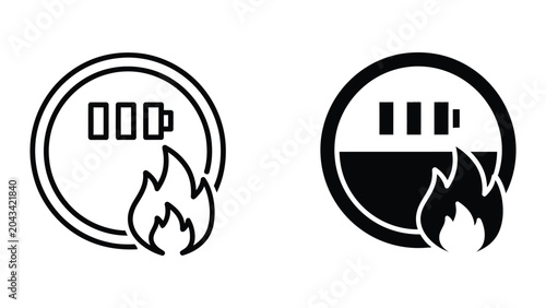 Battery fire icon set in outline and solid glyph style vector