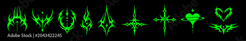 Neo tribal elements in Y2K gothic style, cyber sigilism spikes and sparks with spiky aesthetic forms. Dark edgy tattoo inspired digital art vector set for underground and alternative design