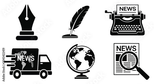Billede på lærred Black and white icons representing writing journalism and global news disseminat