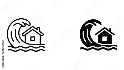 Tsunami icon set in outline and solid glyph style vector