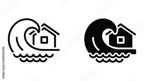 Tsunami icon set in outline and solid glyph style vector