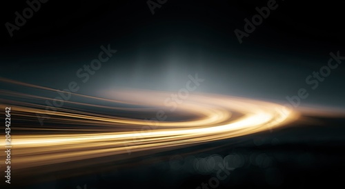 Golden light trails curve across dark expanse with glowing bokeh below