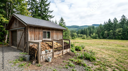 Garden shed with organic compost bins in a scenic rural field