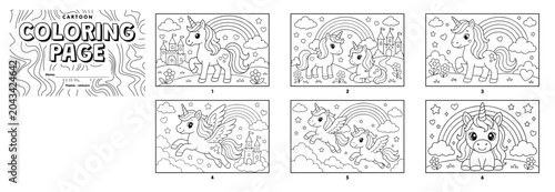 Billede på lærred A collection of six adorable, black-and-white cartoon unicorn coloring pages for children, featuring magical elements like rainbows, castles, stars, and clouds