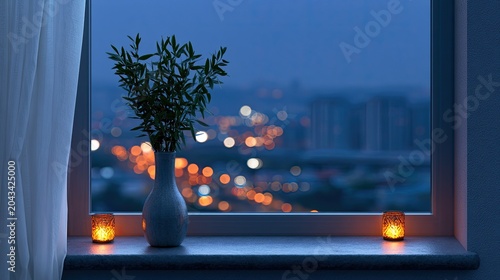 Cozy window view at night with cityscape, plants, and candles