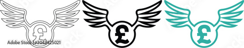 Bild auf Leinwand Pound sterling currency symbols with wings in linear solid black and teal color styles