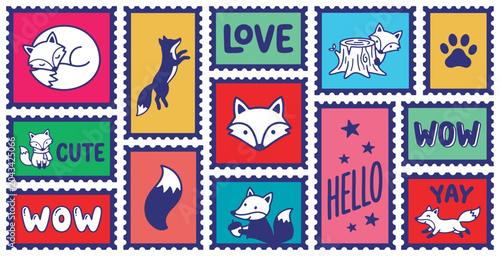 Fotografie Collection of cute cartoon fox illustrations in postage stamp designs with fun words like Love, Wow, Hello, Yay, and Cute