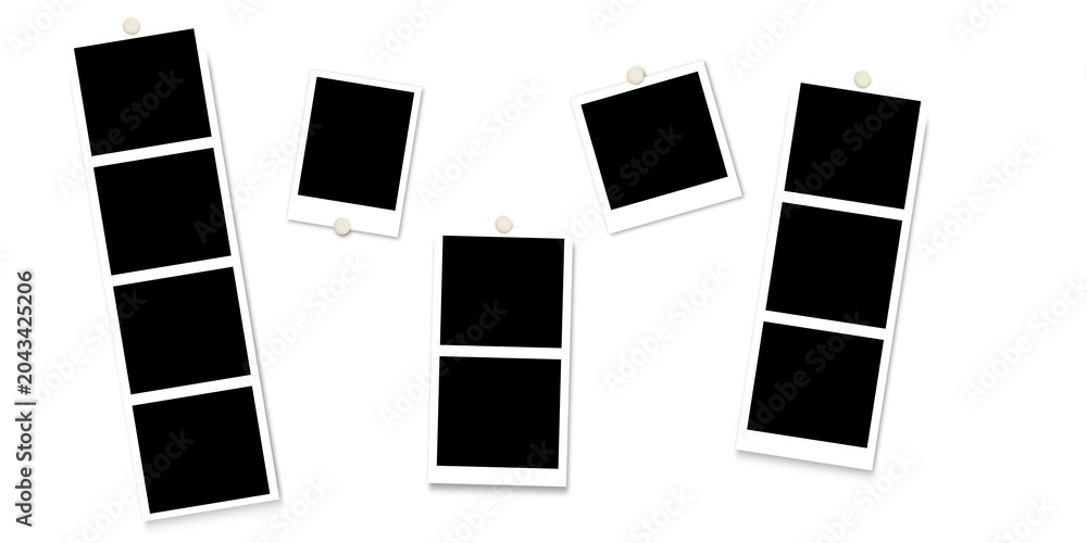 Naklejka premium Set of hanging photo booth strip and instant photo frame mockups with push pins. Blank retro picture templates isolated for scrapbooking, memories, branding and creative layouts