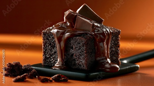 Decadent dark chocolate cake cube with rich ganache and chocolate shards