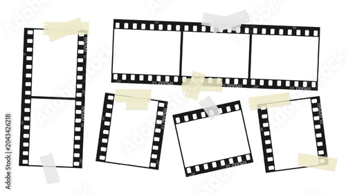 Trendy vintage photo strip with torn pieces of adhesive tape. Retro grunge film strip on transparent background. Template for vintage collage design.