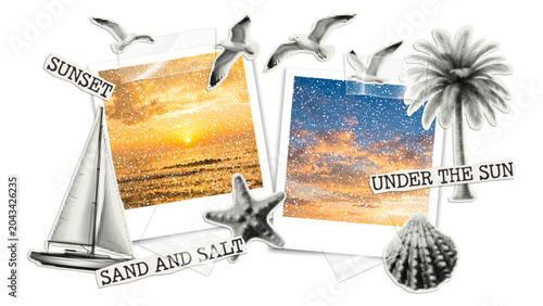 Vector trendy  halftone cutout summer elements and vintage photo frame, stickers on transparent background. Modern collage template with stipple effect for collage, poster, banner, cover design.