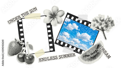 Vector cut out halftone summer and ocean illustrations, vintage empty photo strip template and stickers on transparent background. Trendy retro elements with a halftone effect for collage, poster, ban