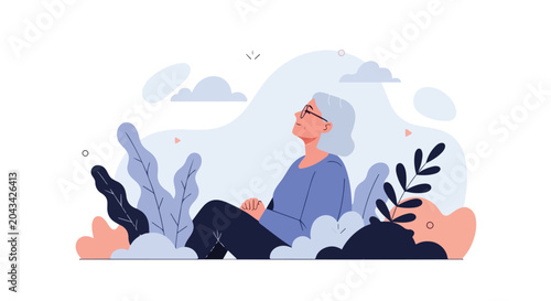 Εκτύπωση καμβά An elderly woman with white hair sits amidst stylized foliage and clouds, looking up at the sky with a peaceful and serene expression