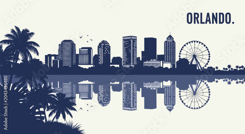 Foto Orlando skyline vector illustration with reflection and palm trees, a perfect gr