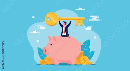 Determined businessman sitting on pink piggy bank and holding golden key over stacks of coins representing financial success and wealth management.