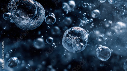 Water bubbles move freely in dark surroundings creating an interesting visual as they float and interact with each other in a dynamic manner during an underwater scene