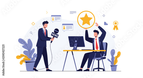Successful businessman holding golden star award while giving interview to reporter with microphone representing public recognition and business fame.