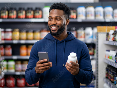 Smiling man checking his smartphone while holding a supplement bottle in a store