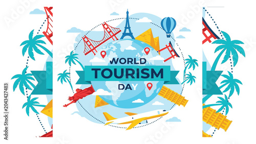 Εκτύπωση καμβά World Tourism Day graphic features iconic global landmarks and a central globe illustration