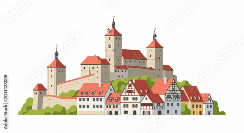 Medieval town with castle and traditional German houses under blue sky