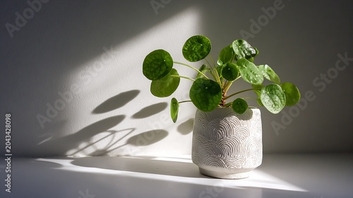 A small potted plant with green leaves on a white surface