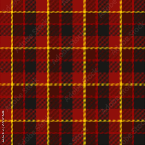 Classic plaid pattern in red, ruby red, black and dark yellow tones.