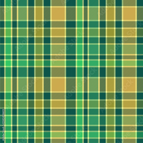 Plaid pattern in a natural color palette composed of mountain green, light green, olive green, yellow, and deep tones of dark teal and blue-green