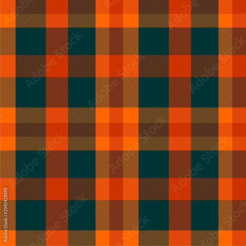 Plaid pattern in orange, brick red, and dark green tones