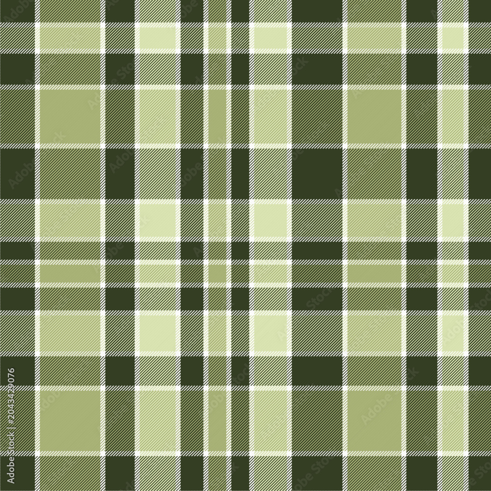 Fototapeta premium Plaid pattern in dark olive green, light olive green, and pale sage green tones.