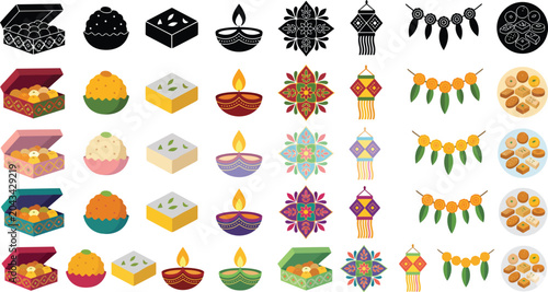 Foto Diwali Sweets and Decorations in Flat Vector Illustration Featuring Minimalist,