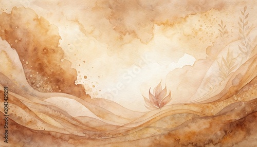 Rustic boho watercolor backdrop concept. Abstract watercolor painting with earthy tones, swirling lines, and floral elements.