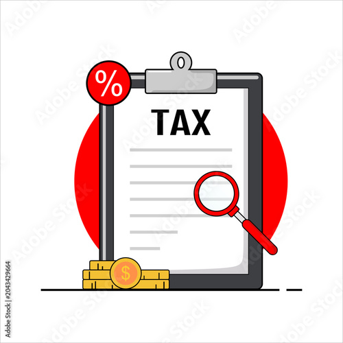 Tax document with magnifying glass and coins