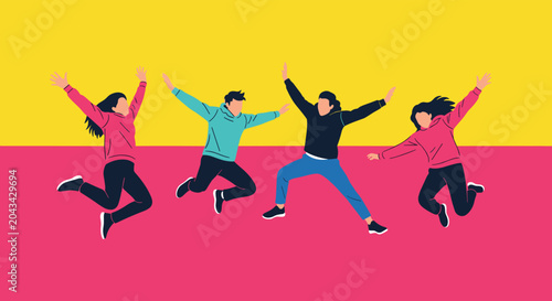 Group of four energetic young people jumping for joy against a vibrant yellow and pink split background in a minimalist flat style.