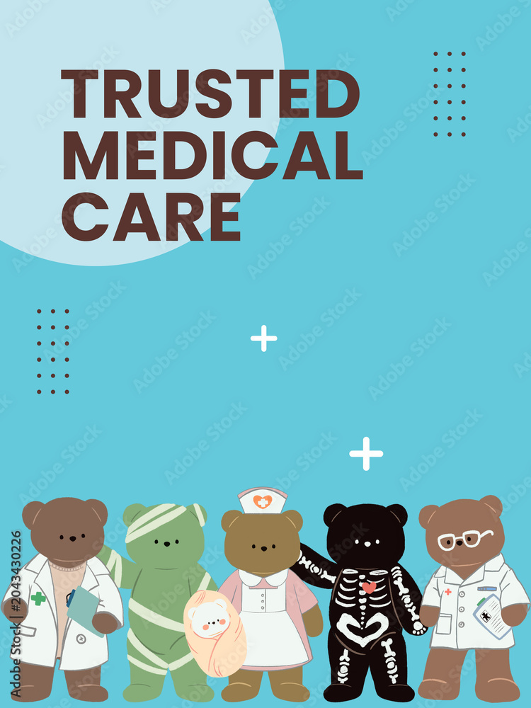 Fototapeta premium Cute bear characters celebrating world health day medical checkup for border, banner, printable, template, invitation