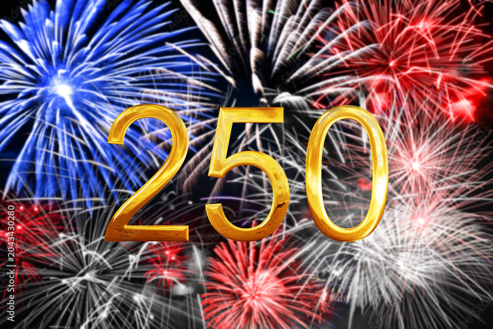 Obraz premium Golden 250 on blue white and red fireworks background, US 250th anniversary celebration