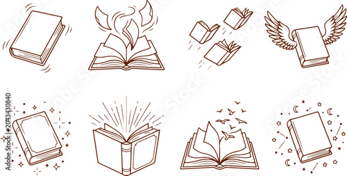 Book icons with open closed and flying designs symbolizing knowledge education and imagination on transparent background.