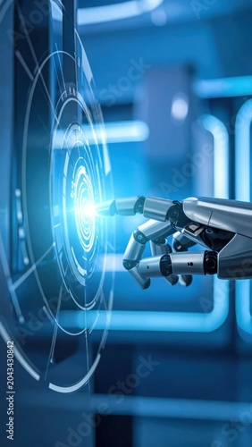 Robotic hand touching glowing digital interface with fingerprint scanning for cybersecurity authentication, biometric access control, secure network verification