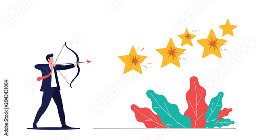 Strategic businessman aims bow and arrow at stars symbolizing ambition and the pursuit of high targets and professional excellence.