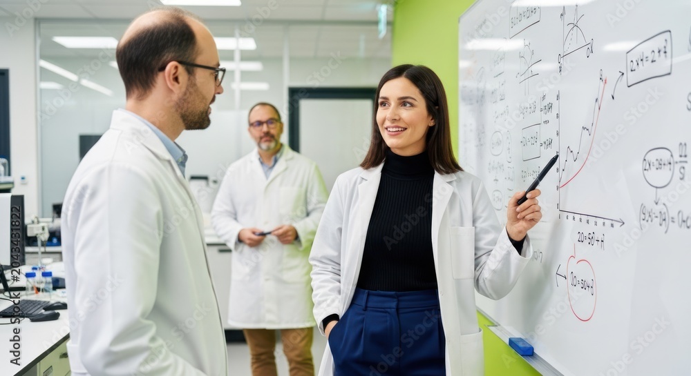 Fototapeta premium Two scientists discussing equations on a whiteboard in a laboratory.