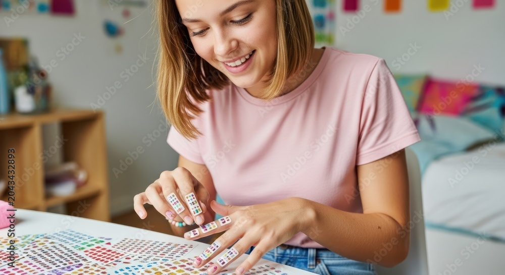 Fototapeta premium A young woman in a pink shirt and jeans is smiling and playing with colorful stickers on her fingernails in a bedroom with a colorful bedspread