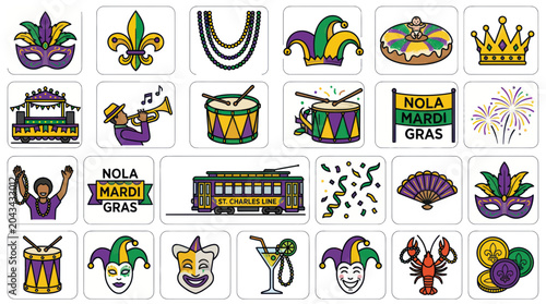 Mardi Gras Icons Set: Carnival, Celebration, New Orleans Symbols