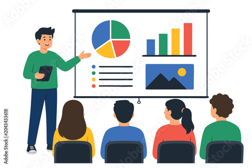 Flat vector illustration of a student presenting a project on a digital screen to a classroom. Modern minimal scene depicting education, learning, and public speaking in a school or college setting.